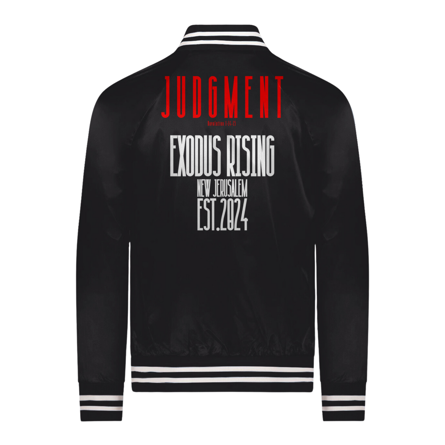 UNISEX JUDGMENT OF CHRIST SATIN BASEBALL JACKET- BLACK